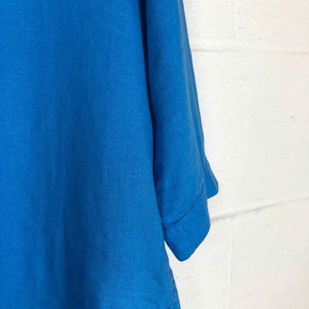 Chico's Womens 100% Linen Button Back‎ Popover Top Size 8 Blue Vacation Resort